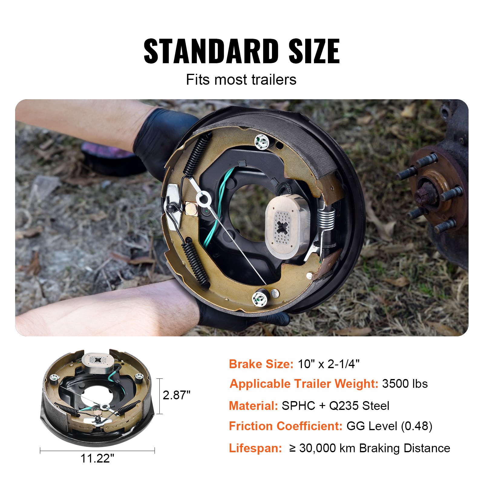VEVOR Electric Trailer Brake Assembly, 10" x 2-1/4", 1 Pair Self-Adjusting Electric Brakes Kit for 3500 lbs Axle, 4-Hole Mounting, Backing Plates for Brake System Part Replacement (1 Right + 1 Left)