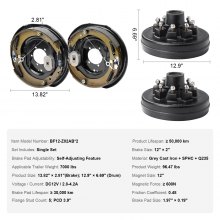 VEVOR Trailer Hub Drum Kits 8 on 6.5" B.C. with 12" x 2" Electric Brakes, Self-Adjusting Trailer Brake Assembly for 7000 lbs Axle, 5-Hole Mounting, Backing Plates for Brake System Part Replacement