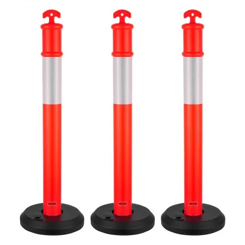 VEVOR 3 Pack Traffic Delineator Posts, 1140 mm Traffic Safety Cones with Fillable Base and Reflective Strips, Heavy Duty Delineator Posts for Construction Site, Parking Lot, Crowd Control, Red