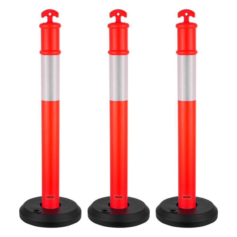 VEVOR 3 Pack Traffic Delineator Posts, 1140 mm Traffic Safety Cones with Fillable Base and Reflective Strips, Heavy Duty Delineator Posts for Construction Site, Parking Lot, Crowd Control, Red