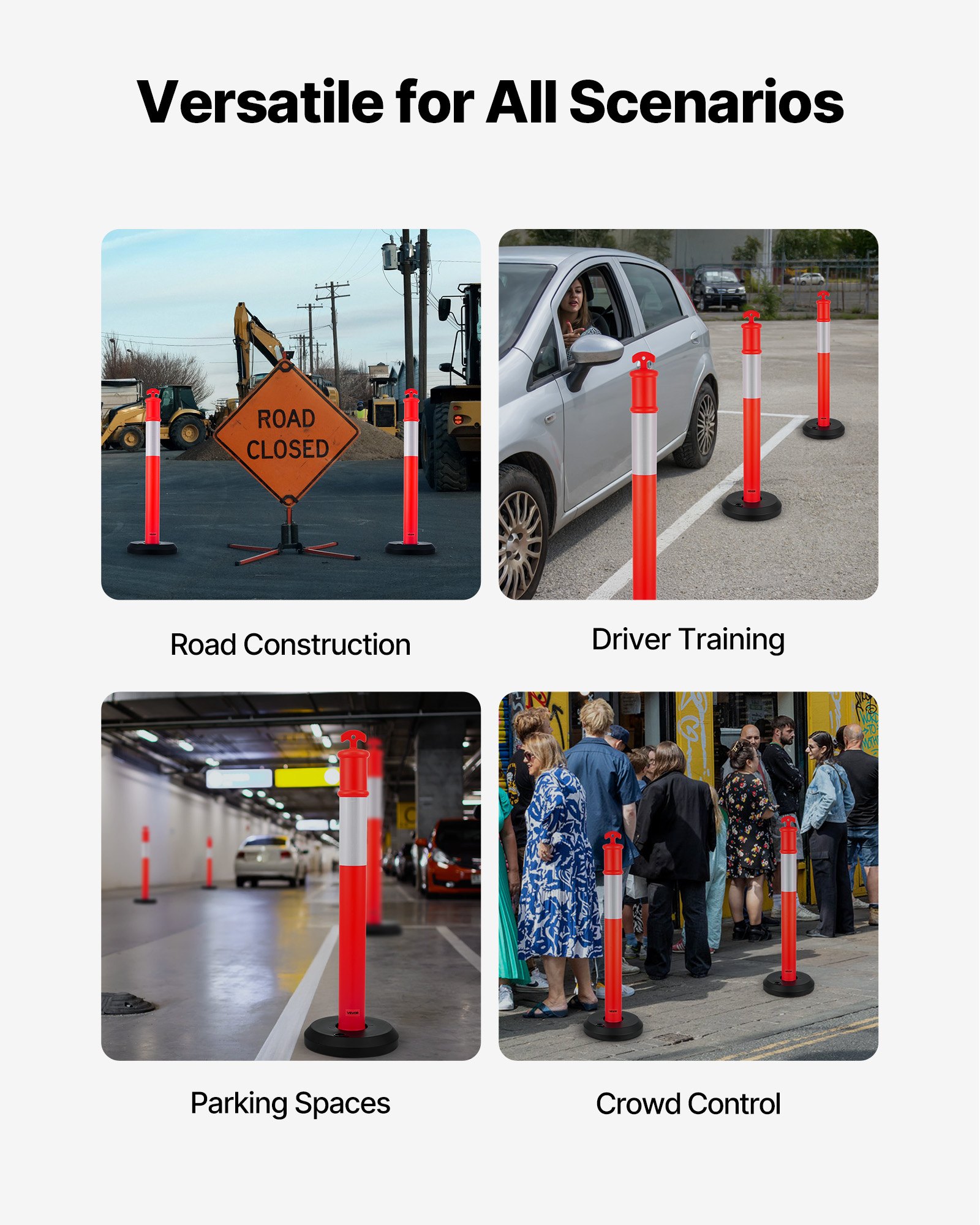 VEVOR 3 Pack Traffic Delineator Posts, 1140 mm Traffic Safety Cones with Fillable Base and Reflective Strips, Heavy Duty Delineator Posts for Construction Site, Parking Lot, Crowd Control, Red