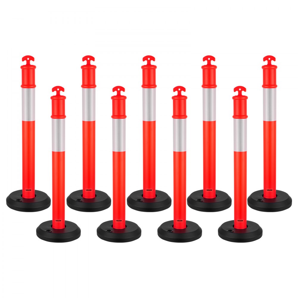 VEVOR 9 Pack Traffic Delineator Posts, 1140 mm Traffic Safety Cones with Fillable Base and Reflective Strips, Heavy Duty Delineator Posts for Construction Site, Parking Lot, Crowd Control, Red