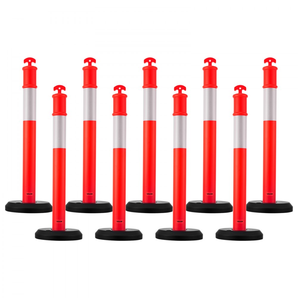 VEVOR 9 Pack Traffic Delineator Posts, 1140 mm Traffic Safety Cones with Fillable Base and Reflective Strips, Heavy Duty Delineator Posts for Construction Site, Parking Lot, Crowd Control, Red