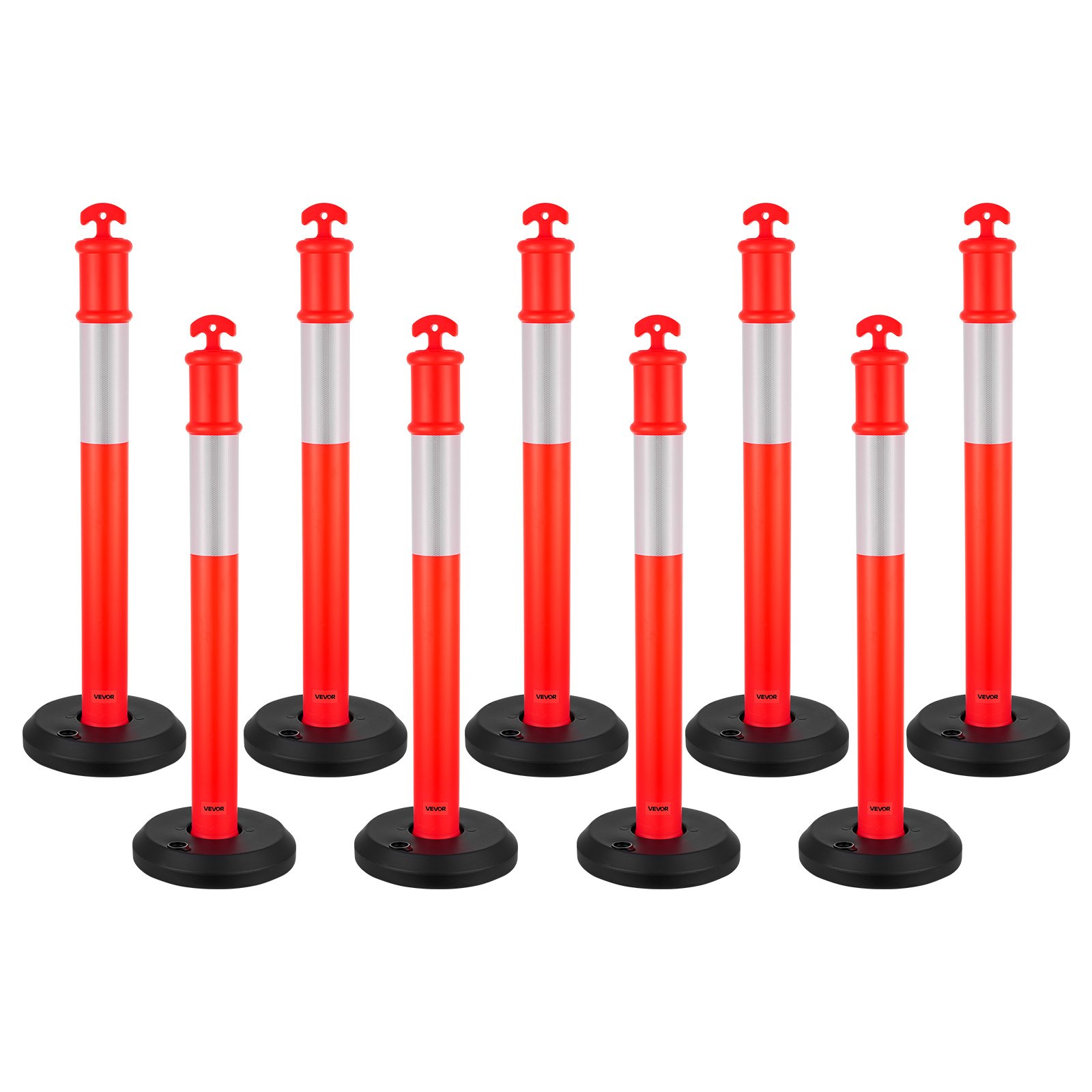 VEVOR 9 Pack Traffic Delineator Posts, 1140 mm Traffic Safety Cones with Fillable Base and Reflective Strips, Heavy Duty Delineator Posts for Construction Site, Parking Lot, Crowd Control, Red