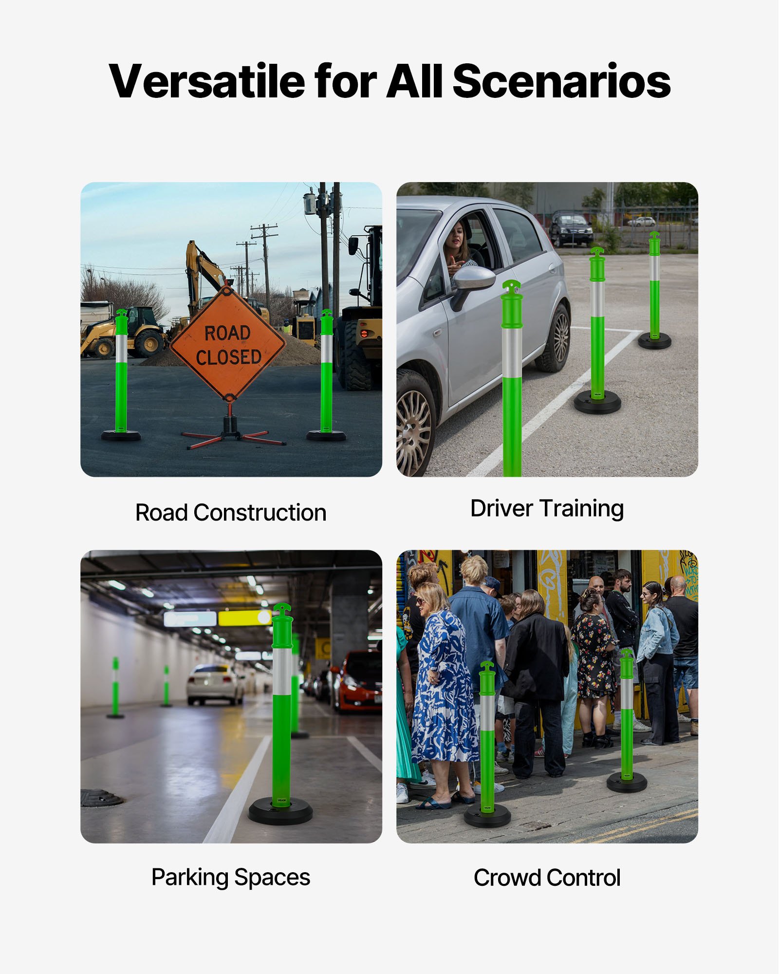 VEVOR 3 Pack Traffic Delineator Posts, 1140 mm Traffic Safety Cones with Fillable Base and Reflective Strips, Heavy Duty Delineator Posts for Construction Site, Parking Lot, Crowd Control, Green