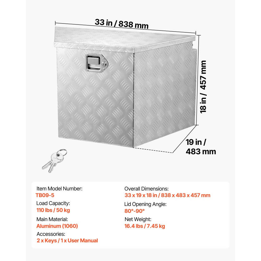 VEVOR Trailer Tongue Box, 838 x 483 x 457 mm Aluminum Trailer Tongue Tool Box, Heavy Duty Storage Organizer with Lock & Keys, Utility Tool Chest for Pickup Truck Bed, RV, SUV, Off-Road Vehicle, Silver
