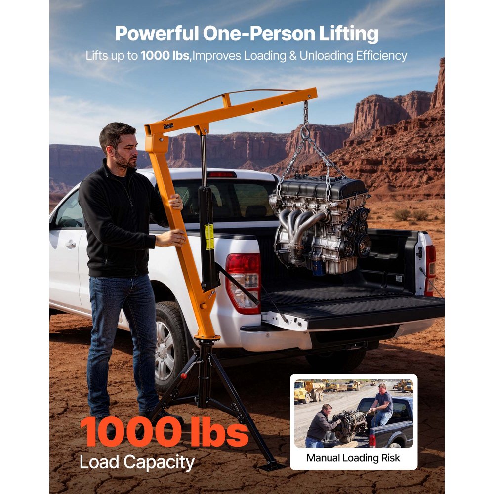VEVOR Truck Crane, 453.6 kg Pickup Hitch Crane Trailer Hitch Mounted, Manual Hydraulic with 8T Hydraulic Jack, 360° Rotating Telescopic Boom,Foldable Truck Bed Jib for Machine Lumber Equipment Lifting