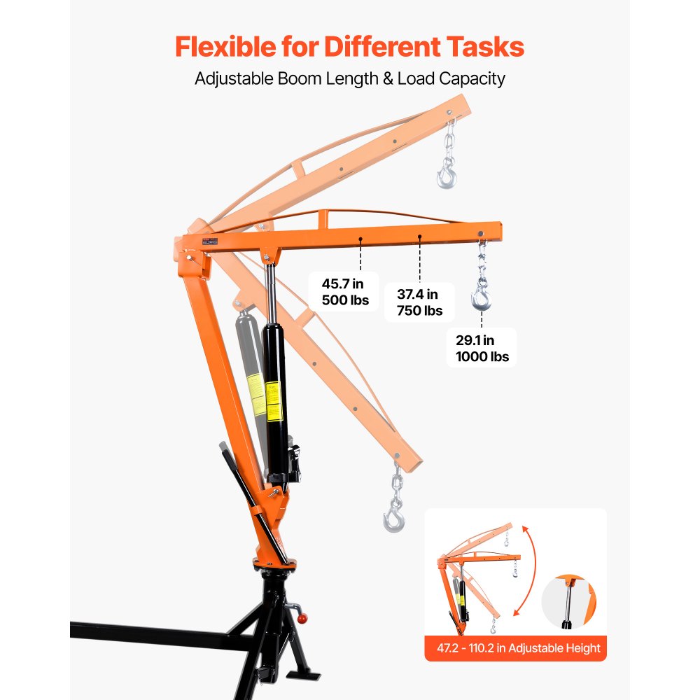 VEVOR Truck Crane, 453.6 kg Pickup Hitch Crane Trailer Hitch Mounted, Manual Hydraulic with 8T Hydraulic Jack, 360° Rotating Telescopic Boom,Foldable Truck Bed Jib for Machine Lumber Equipment Lifting