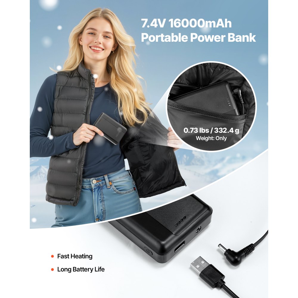 VEVOR Heated Vest, Women Electric Heating Vest with 16000 mAh Battery Pack, 8 Heating Zones Lightweight Rechargeable Winter-Vest with 3 Levels, for Outdoor Hiking Camping Fishing Skiing, Size L
