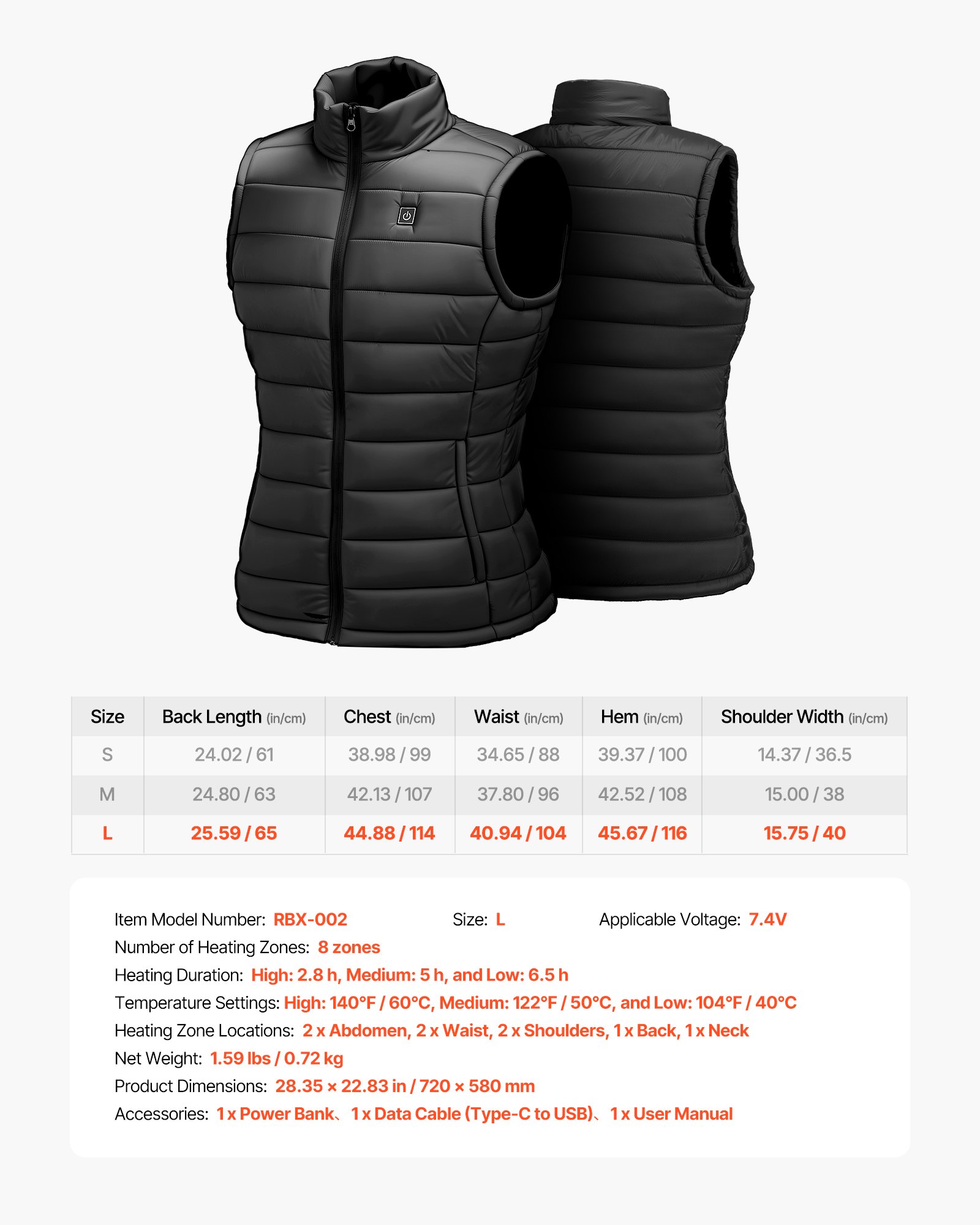 VEVOR Heated Vest, Women Electric Heating Vest with 16000 mAh Battery Pack, 8 Heating Zones Lightweight Rechargeable Winter-Vest with 3 Levels, for Outdoor Hiking Camping Fishing Skiing, Size L