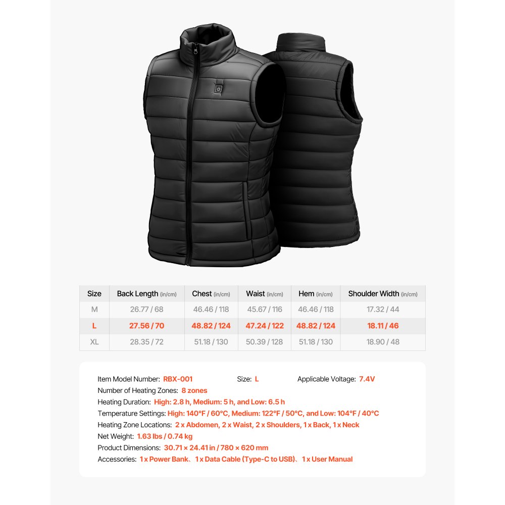 VEVOR Heated Vest, Men Electric Heating Vest with 16000 mAh Battery Pack, 8 Heating Zones Lightweight Rechargeable Winter-Vest with 3 Levels, for Outdoor Hiking Camping Fishing Skiing, Size L