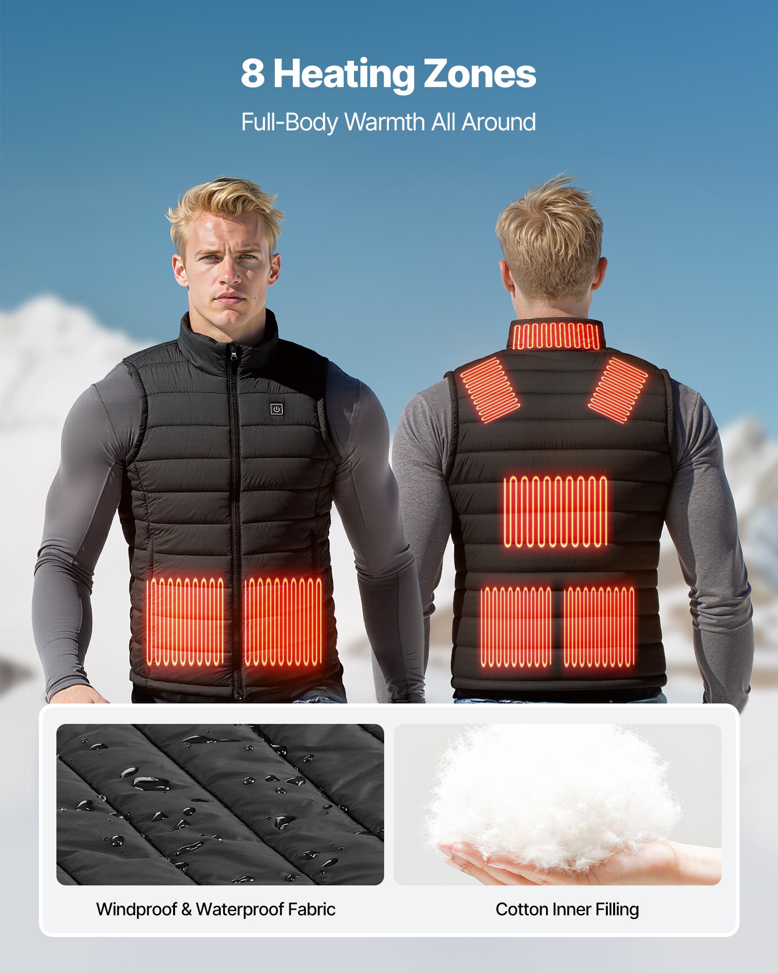 VEVOR Heated Vest, Men Electric Heating Vest with 16000 mAh Battery Pack, 8 Heating Zones Lightweight Rechargeable Winter-Vest with 3 Levels, for Outdoor Hiking Camping Fishing Skiing, Size L