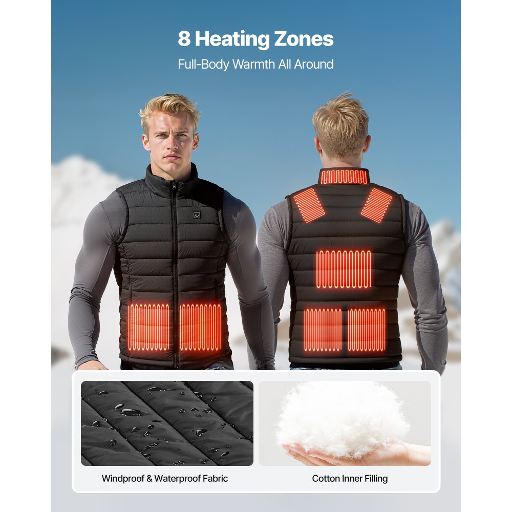 VEVOR Heated Vest, Men Electric Heating Vest with 16000 mAh Battery Pack, 8 Heating Zones Lightweight Rechargeable Winter-Vest with 3 Levels, for Outdoor Hiking Camping Fishing Skiing, Size M