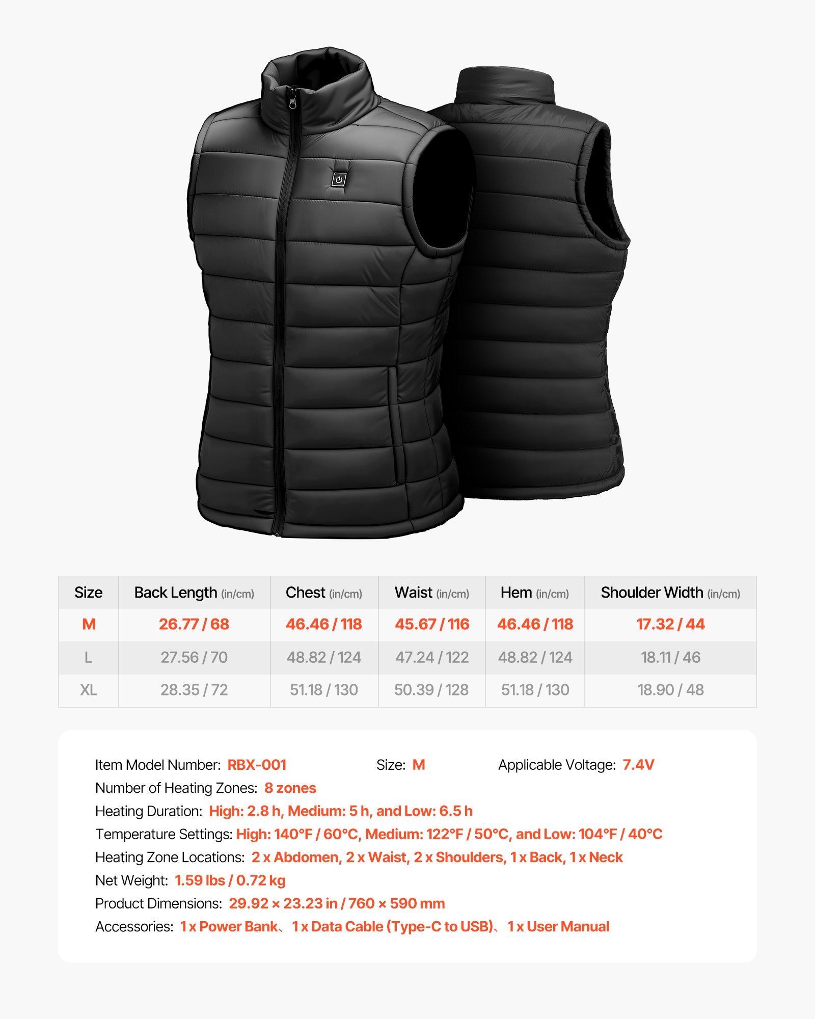 VEVOR Heated Vest, Men Electric Heating Vest with 16000 mAh Battery Pack, 8 Heating Zones Lightweight Rechargeable Winter-Vest with 3 Levels, for Outdoor Hiking Camping Fishing Skiing, Size M