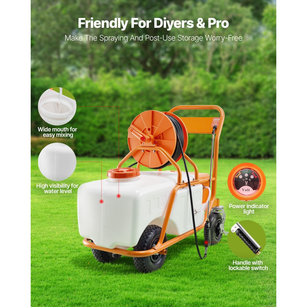 VEVOR Lawn Sprayer with Wheels, Adjustable Pressure 0-90 PSI, Sprayer with 60L Tank, with 8 Nozzles, 2 Wands, Wide Opening Lid for Garden, Weeding, Spraying