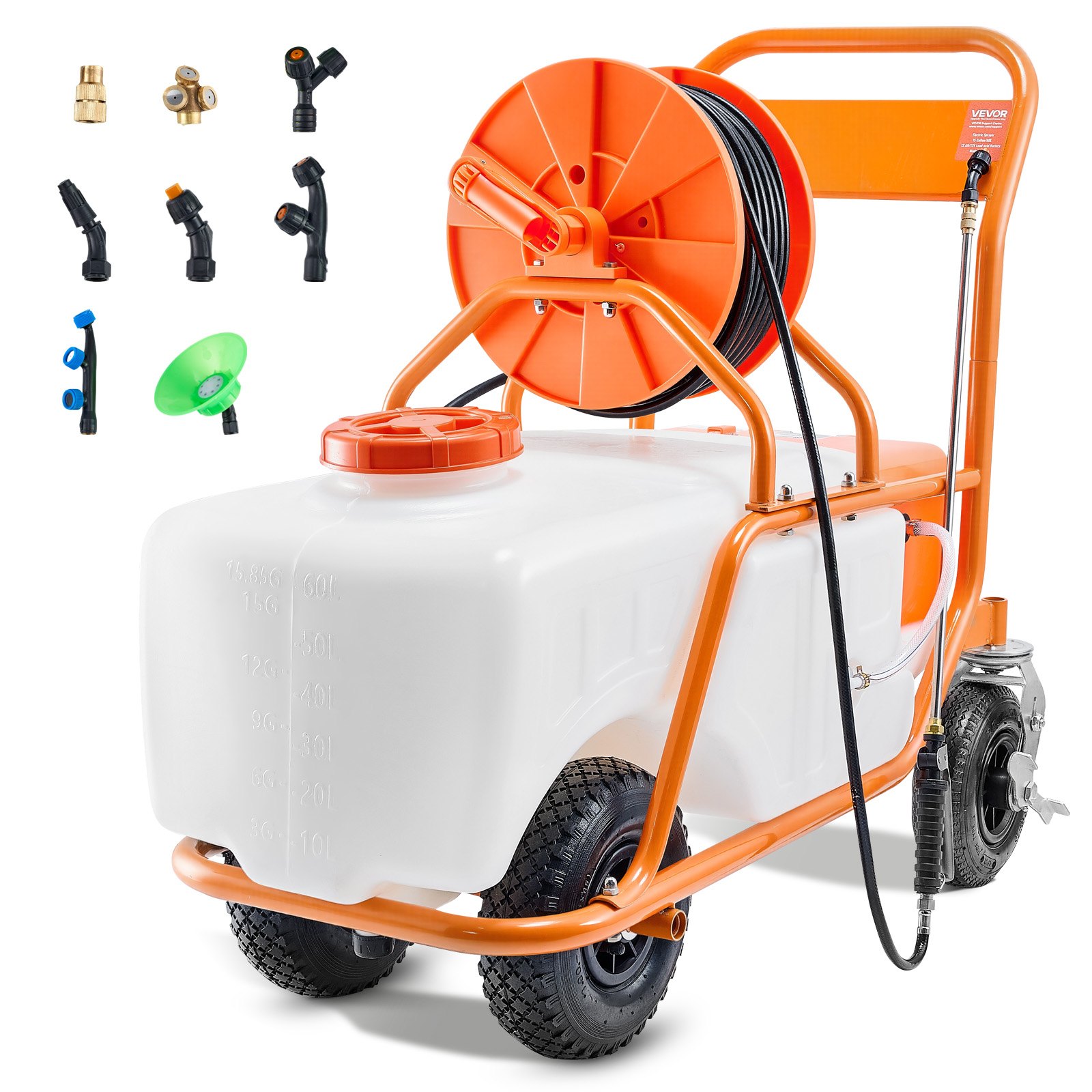 VEVOR Lawn Sprayer with Wheels, Adjustable Pressure 0-90 PSI, Sprayer with 60L Tank, with 8 Nozzles, 2 Wands, Wide Opening Lid for Garden, Weeding, Spraying