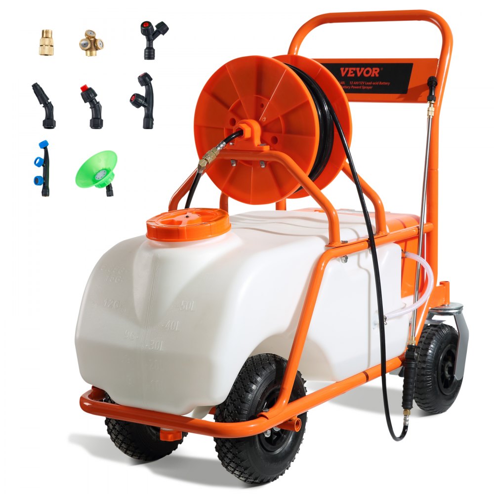 VEVOR Battery Powered Lawn Sprayer on Wheel, 0-90 PSI Adjustable Pressure, 15 Gallon Tank, Cart Sprayer with 8 Nozzles and 2 Wands, 12V 12Ah Battery, Wide Mouth Lid for Weeding, Spraying