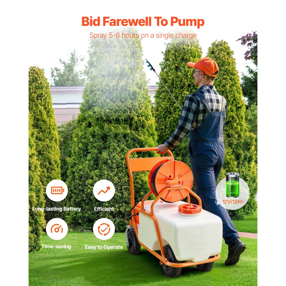 VEVOR Battery Powered Lawn Sprayer on Wheel, 0-90 PSI Adjustable Pressure, 15 Gallon Tank, Cart Sprayer with 8 Nozzles and 2 Wands, 12V 12Ah Battery, Wide Mouth Lid for Weeding, Spraying