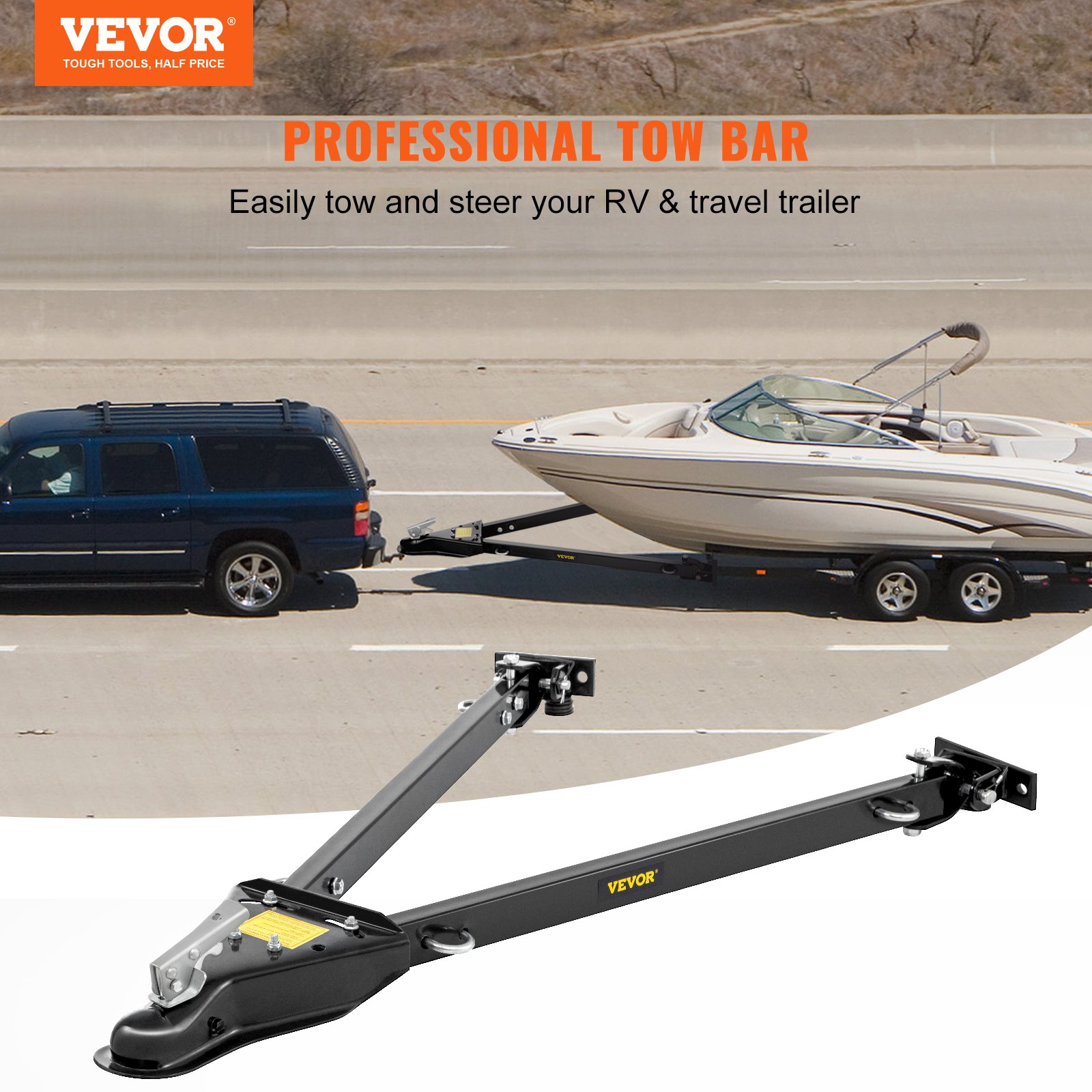 VEVOR Tow Bar, 5000 lbs Towing Capacity, Powder-Coating Steel Bumper-Mounted Universal Towing Bar with 11''-42.5'' Adjustable Width, 2'' Coupler Fits 2'' Ball, Ideal for RV Car Trailer Truck