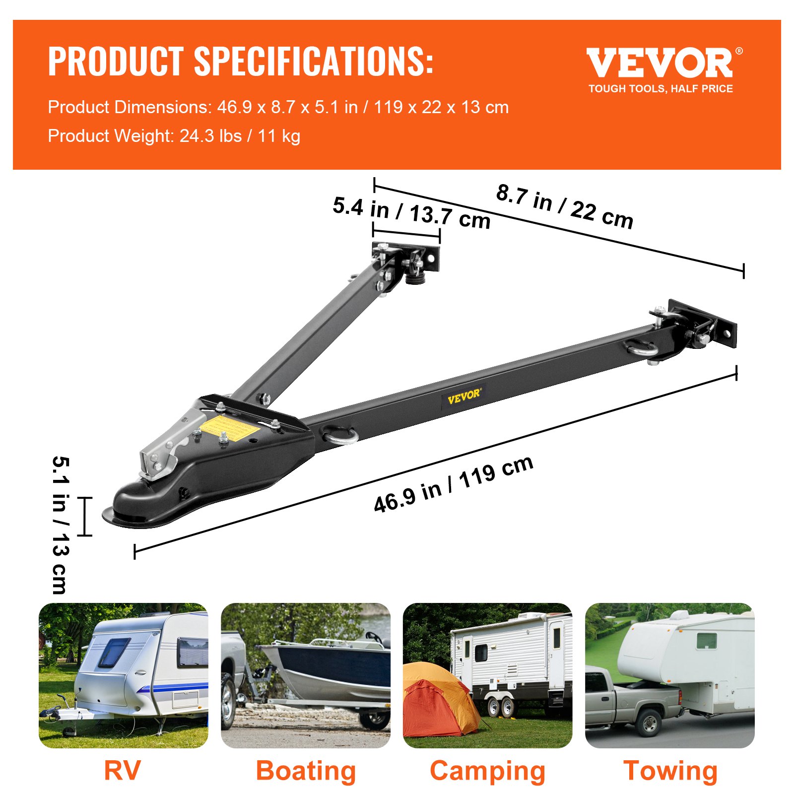 VEVOR Tow Bar, 5000 lbs Towing Capacity, Powder-Coating Steel Bumper-Mounted Universal Towing Bar with 11''-42.5'' Adjustable Width, 2'' Coupler Fits 2'' Ball, Ideal for RV Car Trailer Truck
