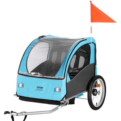 VEVOR Bike Trailer for Toddlers, Kids, Double Seat, 110 lbs Load, Tow Behind Foldable Child Bicycle Trailer with Universal Bicycle Coupler, Canopy Carrier with Strong Carbon Steel Frame, Blue and Gray