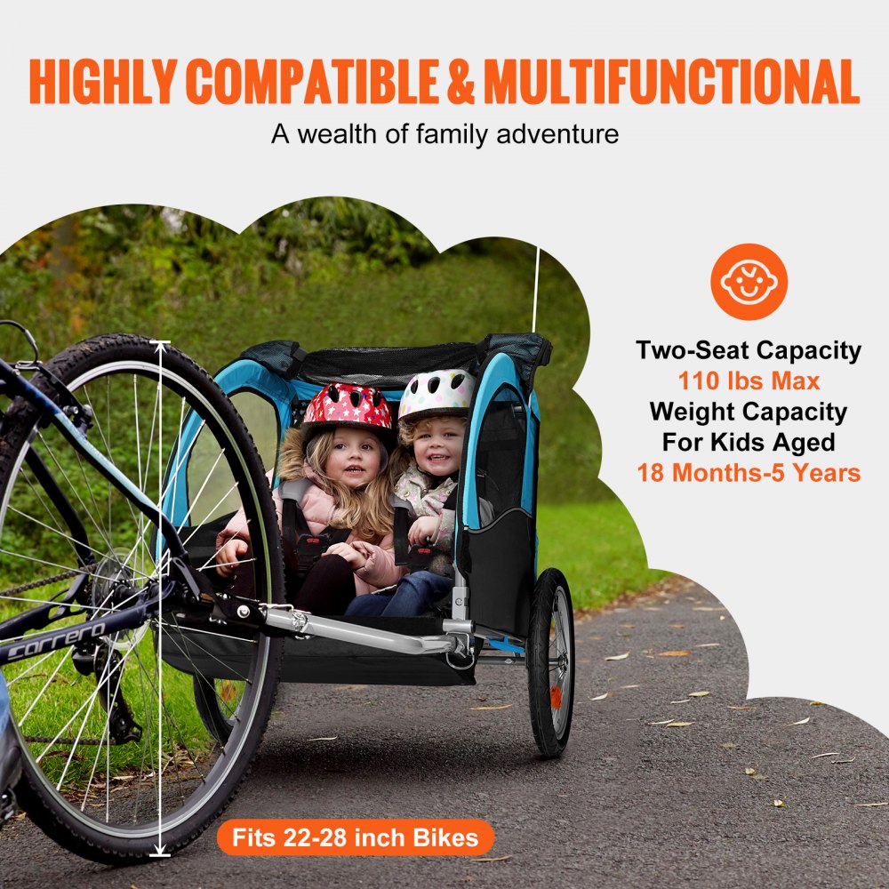VEVOR Bike Trailer for Toddlers, Kids, Double Seat, 50 kg Load, Tow Behind Foldable Child Bicycle Trailer with Universal Bicycle Coupler, Canopy Carrier with Strong Carbon Steel Frame, Blue and Gray