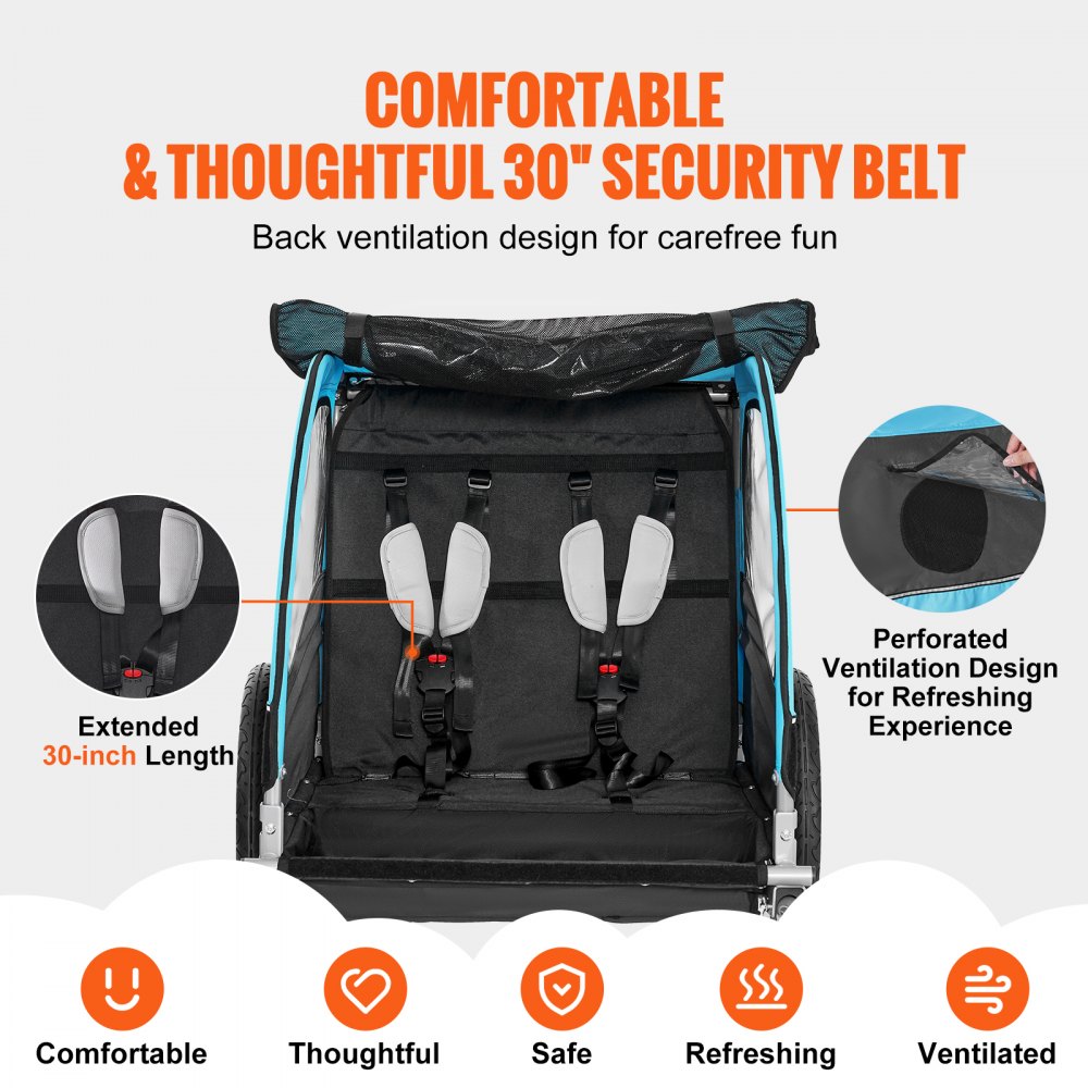 VEVOR Bike Trailer for Toddlers, Kids, Double Seat, 50 kg Load, Tow Behind Foldable Child Bicycle Trailer with Universal Bicycle Coupler, Canopy Carrier with Strong Carbon Steel Frame, Blue and Gray