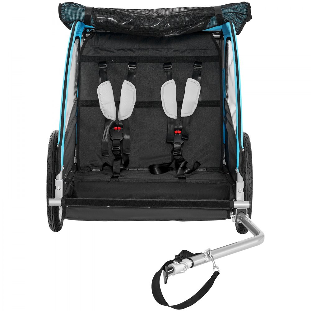 VEVOR Bike Trailer for Toddlers, Kids, Double Seat, 50 kg Load, Tow Behind Foldable Child Bicycle Trailer with Universal Bicycle Coupler, Canopy Carrier with Strong Carbon Steel Frame, Blue and Gray