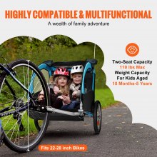 VEVOR Remorque de vélo pour tout-petits, enfants, double siège, charge de 110 lb, remorque de vélo pliable pour enfant avec attelage de vélo universel, porte-auvent avec cadre en acier au carbone solide, bleu et gris