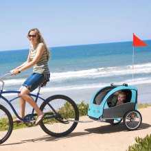 VEVOR Bike Trailer for Toddlers, Kids, Double Seat, 50 kg Load, Tow Behind Foldable Child Bicycle Trailer with Universal Bicycle Coupler, Canopy Carrier with Strong Carbon Steel Frame, Blue and Gray
