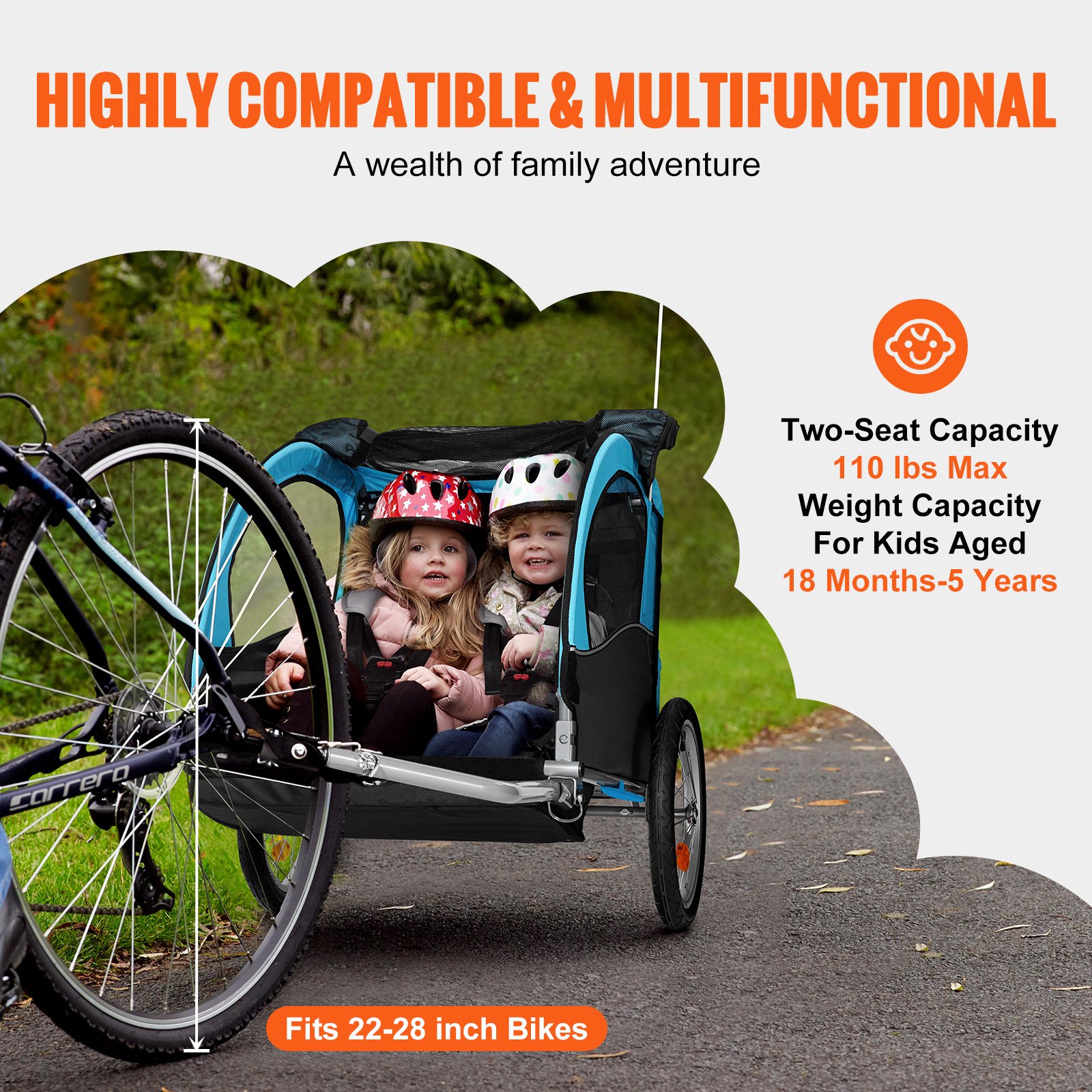 VEVOR Bike Trailer for Toddlers, Kids, Double Seat, 50 kg Load, Tow Behind Foldable Child Bicycle Trailer with Universal Bicycle Coupler, Canopy Carrier with Strong Carbon Steel Frame, Blue and Gray
