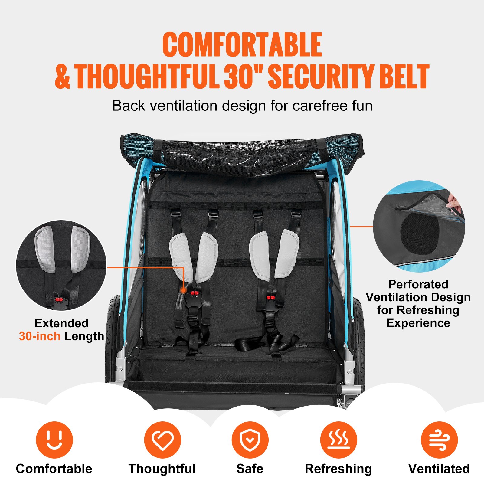 VEVOR Bike Trailer for Toddlers, Kids, Double Seat, 50 kg Load, Tow Behind Foldable Child Bicycle Trailer with Universal Bicycle Coupler, Canopy Carrier with Strong Carbon Steel Frame, Blue and Gray