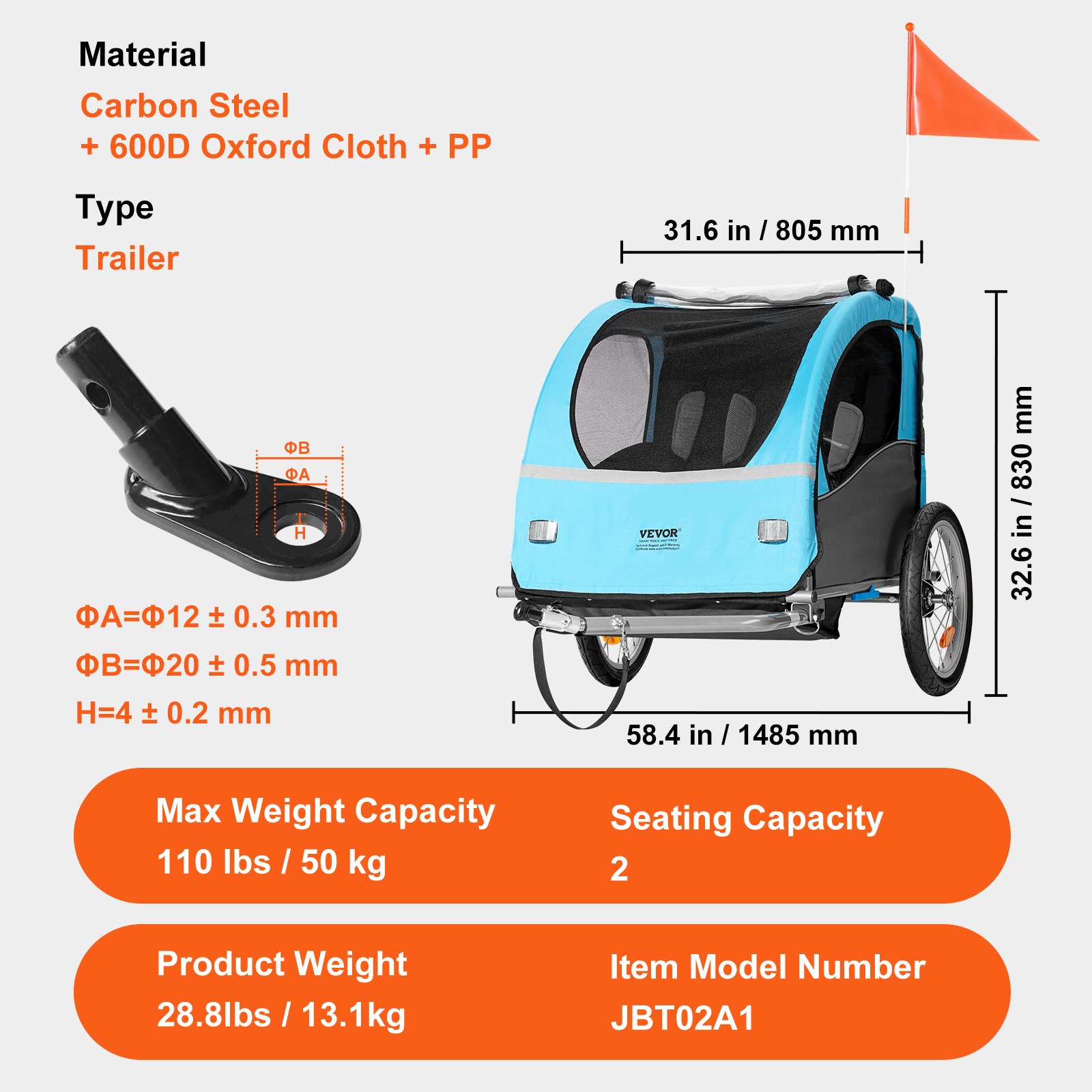VEVOR Bike Trailer for Toddlers, Kids, Double Seat, 50 kg Load, Tow Behind Foldable Child Bicycle Trailer with Universal Bicycle Coupler, Canopy Carrier with Strong Carbon Steel Frame, Blue and Gray