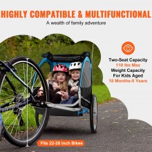 VEVOR Remolque de bicicleta para niños pequeños, asiento doble, carga de 110 libras, remolque de bicicleta plegable para niños con acoplador universal para bicicleta, portaequipajes con marco de aluminio resistente, azul y gris