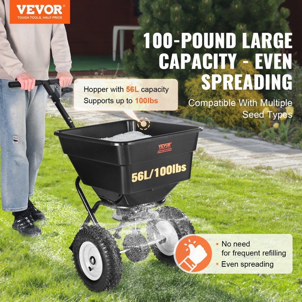 Broadcast Spreader, 100 LB Walk-Behind Turf Spreader with 12" Wheels, Steel Push Fertilizer Spreader, Garden Seeder, and Salt Spreader, Designed for Residential, Farm, and Tough Terrain, Black Broadcast Spreader, 100 LB Walk-Behind Turf Spreader with 12" Wheels, Steel Push Fertilizer Spreader, Garden Seeder, and Salt Spreader, Designed for Residential, Farm, and Tough Terrain, Black