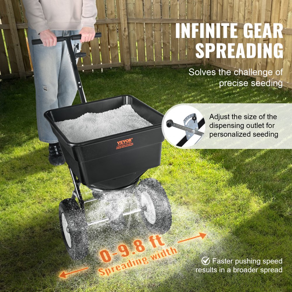 Broadcast Spreader, 100 LB Walk-Behind Turf Spreader with 12" Wheels, Steel Push Fertilizer Spreader, Garden Seeder, and Salt Spreader, Designed for Residential, Farm, and Tough Terrain, Black