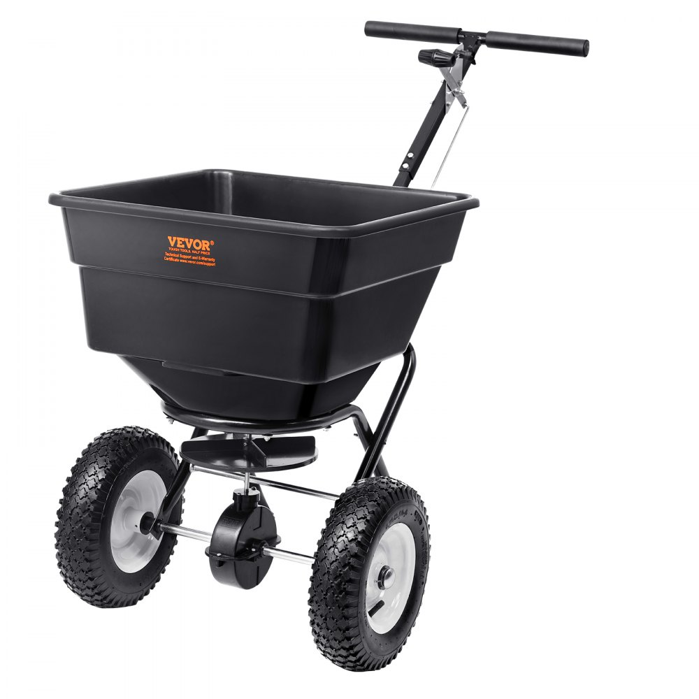 VEVOR Broadcast Spreader, 100 LB Walk-Behind Turf Spreader with 12" Wheels, Steel Push Fertilizer Spreader, Garden Seeder, and Salt Spreader, Designed for Residential, Farm, and Tough Terrain, Black