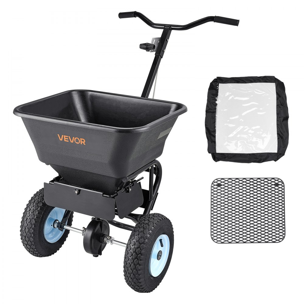 VEVOR Broadcast Spreader, 100LBS4Capacity, Walk-Behind Push Spreader, 0-9.8ft Spreading Width, 13 in All Terrain Pneumatic Tires, Lawn Spreaders with Hopper Grate, for Seed, Fertilizer, Salt, Ice Melt