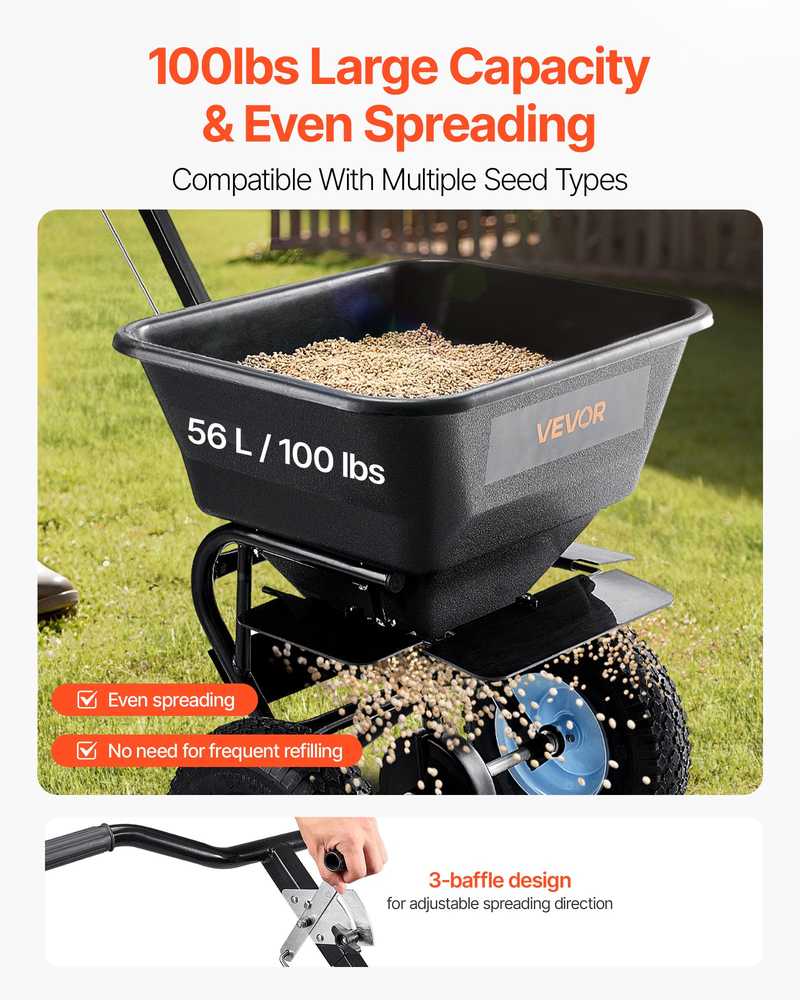 VEVOR Lawn Spreader, 100LBS Capacity, Walk-Behind Push Spreader, 0-9.8ft Spreading Width, 13 in All Terrain Pneumatic Tires, Fertilizer Spreaders with Hopper Grate, for Seed Salt Ice Melt
