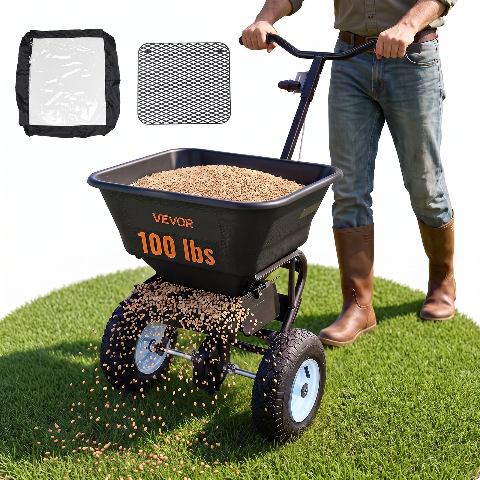 VEVOR Lawn Spreader, 45.2 kg Capacity, Walk-Behind Push Spreader, 0-9.8ft Spreading Width, 13 in All Terrain Pneumatic Tires, Fertilizer Spreaders with Hopper Grate, for Seed Salt Ice Melt