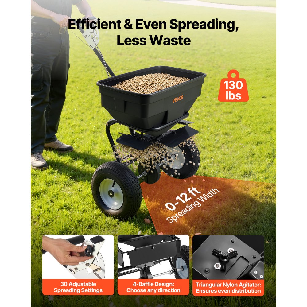 VEVOR Walk-Behind Spreader, 12ft Spreading Width, Push Broadcast Spreader with 13" All-Terrain Tires, Adjustable Flow Control, 130lbs Capacity Hopper, Lawn Spreaders for Fertilizer Seed Ice Melt