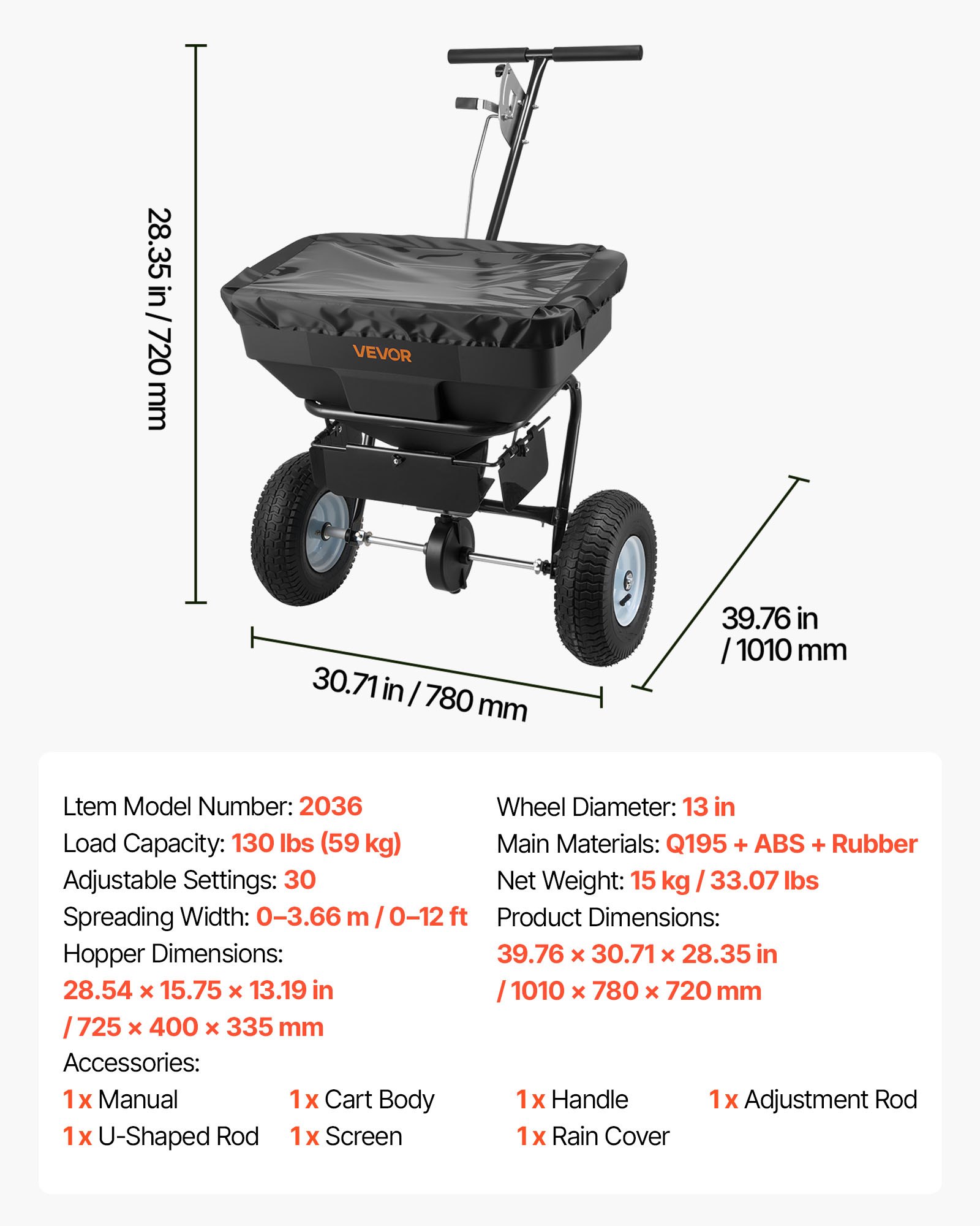 VEVOR Walk-Behind Spreader, 12ft Spreading Width, Push Broadcast Spreader with 13" All-Terrain Tires, Adjustable Flow Control, 130lbs Capacity Hopper, Lawn Spreaders for Fertilizer Seed Ice Melt