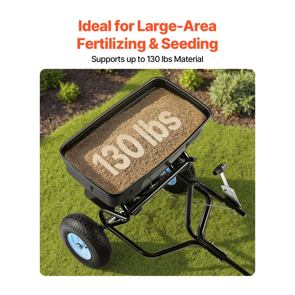 VEVOR Tow Behind Broadcast Spreader, 130LBS Capacity, Tow/Push Garden Spreader with 13 in Tires, 30 Adjustable Setting & 9.8 ft Spreading Width, Lawn Spreaders for Seed, Fertilizer, Salt, Ice Melt