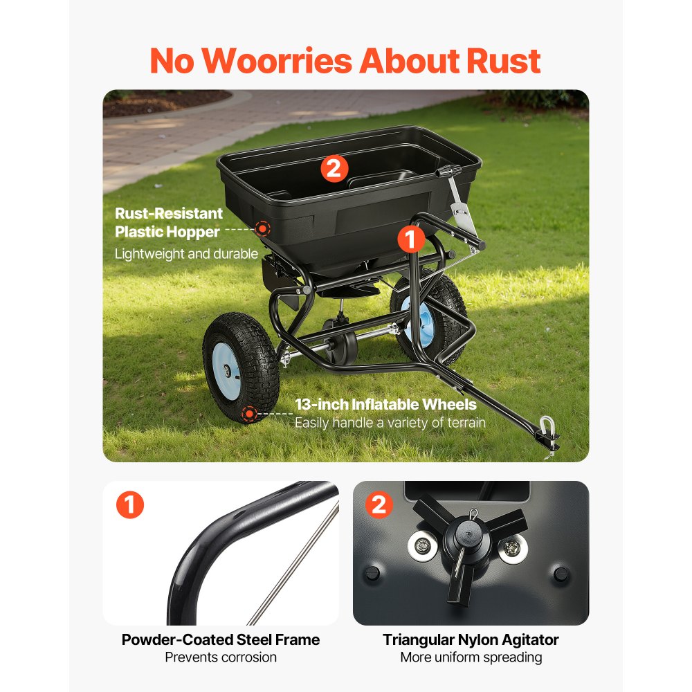 VEVOR Tow Behind Broadcast Spreader, 130LBS Capacity, Tow/Push Garden Spreader with 13 in Tires, 30 Adjustable Setting & 9.8 ft Spreading Width, Lawn Spreaders for Seed, Fertilizer, Salt, Ice Melt
