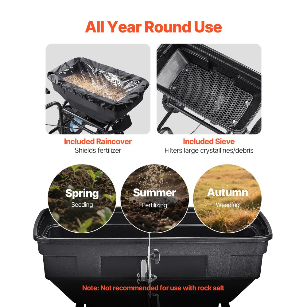 VEVOR Tow Behind Broadcast Spreader, 130LBS Capacity, Tow/Push Garden Spreader with 13 in Tires, 30 Adjustable Setting & 9.8 ft Spreading Width, Lawn Spreaders for Seed, Fertilizer, Salt, Ice Melt