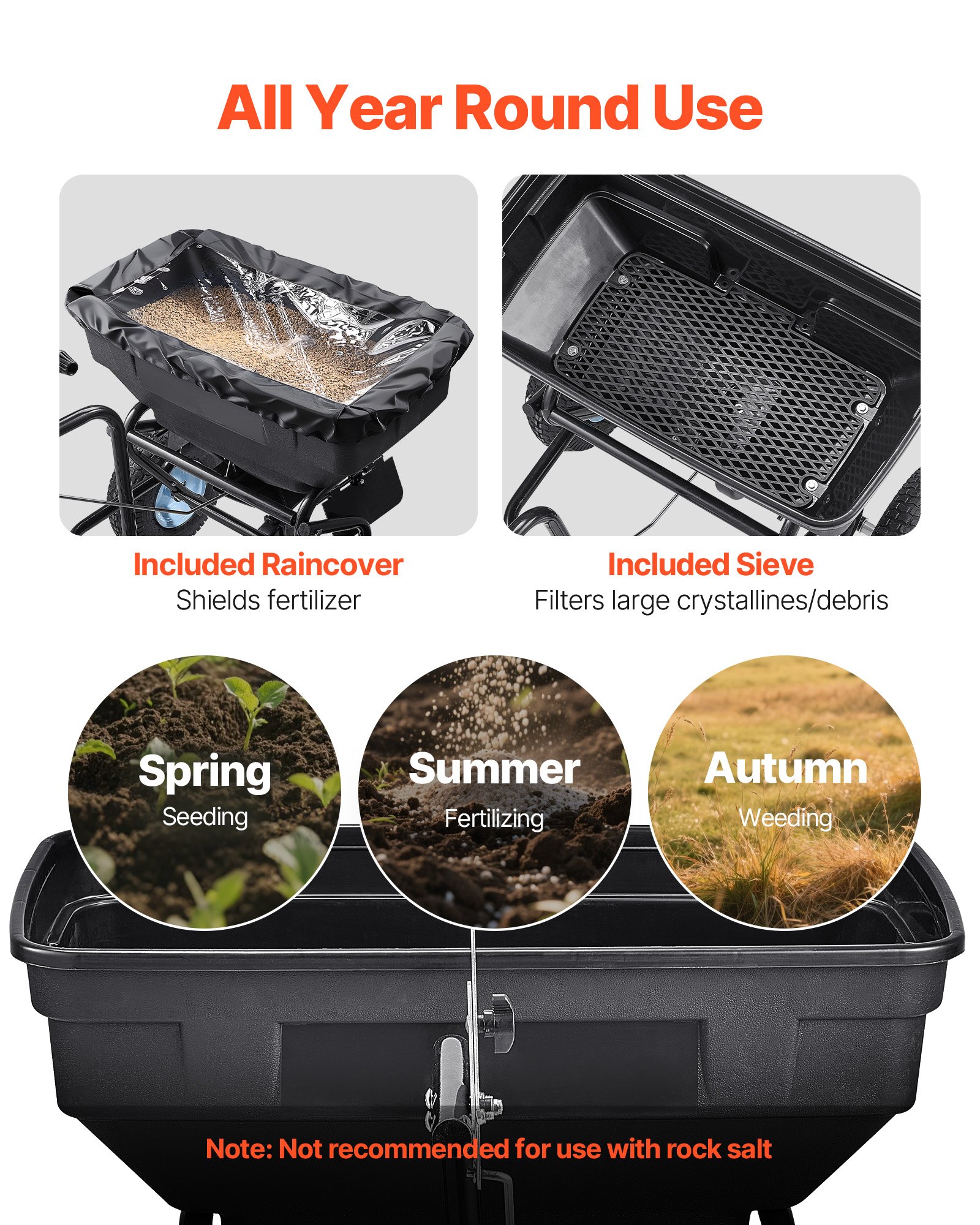 VEVOR Tow Behind Broadcast Spreader, 130LBS Capacity, Tow/Push Garden Spreader with 13 in Tires, 30 Adjustable Setting & 9.8 ft Spreading Width, Lawn Spreaders for Seed, Fertilizer, Salt, Ice Melt