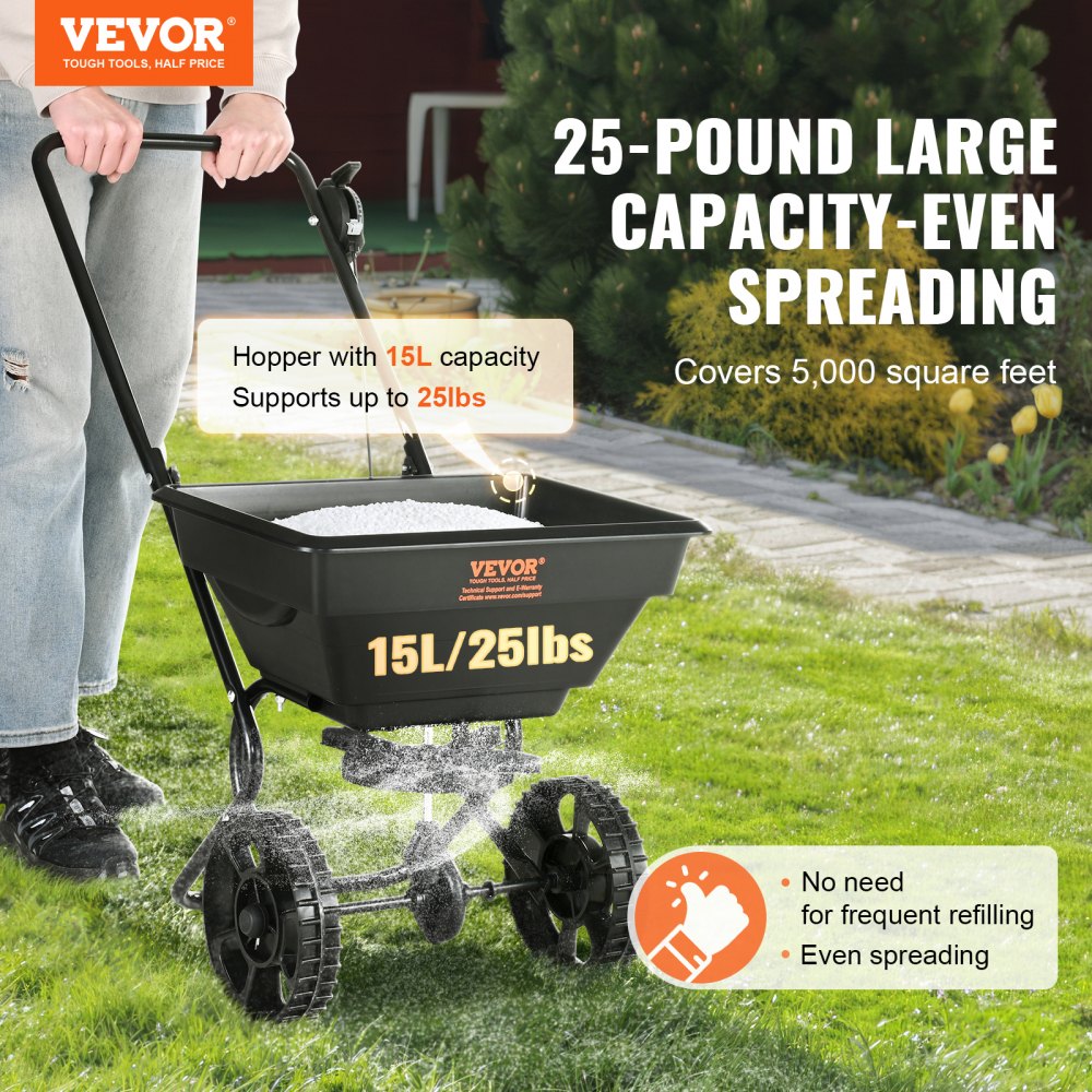 Broadcast Spreader, 25 LB Walk-Behind Turf Spreader with 8" Wheels, Steel Push Fertilizer Spreader, Garden Seeder, and Salt Spreader, Designed for Residential, Farm, and Tough Terrain, Black Broadcast Spreader, 25 LB Walk-Behind Turf Spreader with 8" Wheels, Steel Push Fertilizer Spreader, Garden Seeder, and Salt Spreader, Designed for Residential, Farm, and Tough Terrain, Black