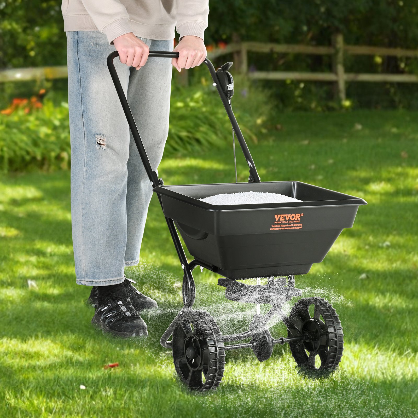 VEVOR Broadcast Spreader, Walk-Behind Turf Spreader with 8" Wheels, Steel Push Fertilizer Spreader, Garden Seeder, and Salt Spreader, Designed for Residential, Farm, and Tough Terrain, Black