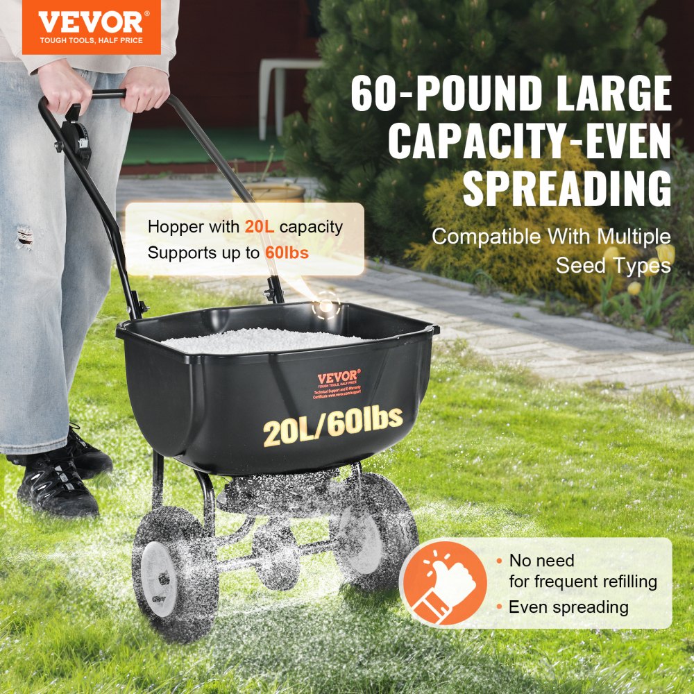 Broadcast Spreader, 60 LB Walk-Behind Turf Spreader with 8" Wheels, Steel Push Fertilizer Spreader, Garden Seeder, and Salt Spreader, Designed for Residential, Farm, and Tough Terrain, Black Broadcast Spreader, 60 LB Walk-Behind Turf Spreader with 8" Wheels, Steel Push Fertilizer Spreader, Garden Seeder, and Salt Spreader, Designed for Residential, Farm, and Tough Terrain, Black