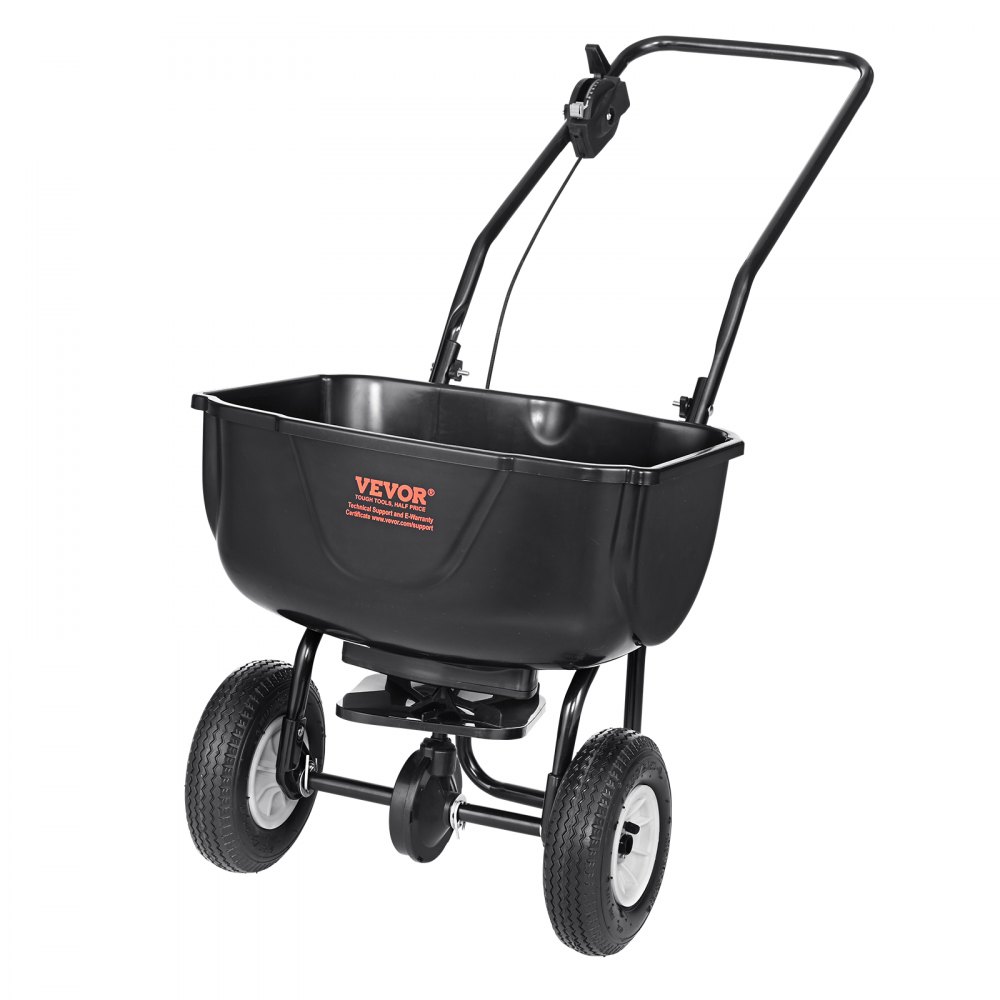 VEVOR Broadcast Spreader, 60 LB Walk-Behind Turf Spreader with 8" Wheels, Steel Push Fertilizer Spreader, Garden Seeder, and Salt Spreader, Designed for Residential, Farm, and Tough Terrain, Black